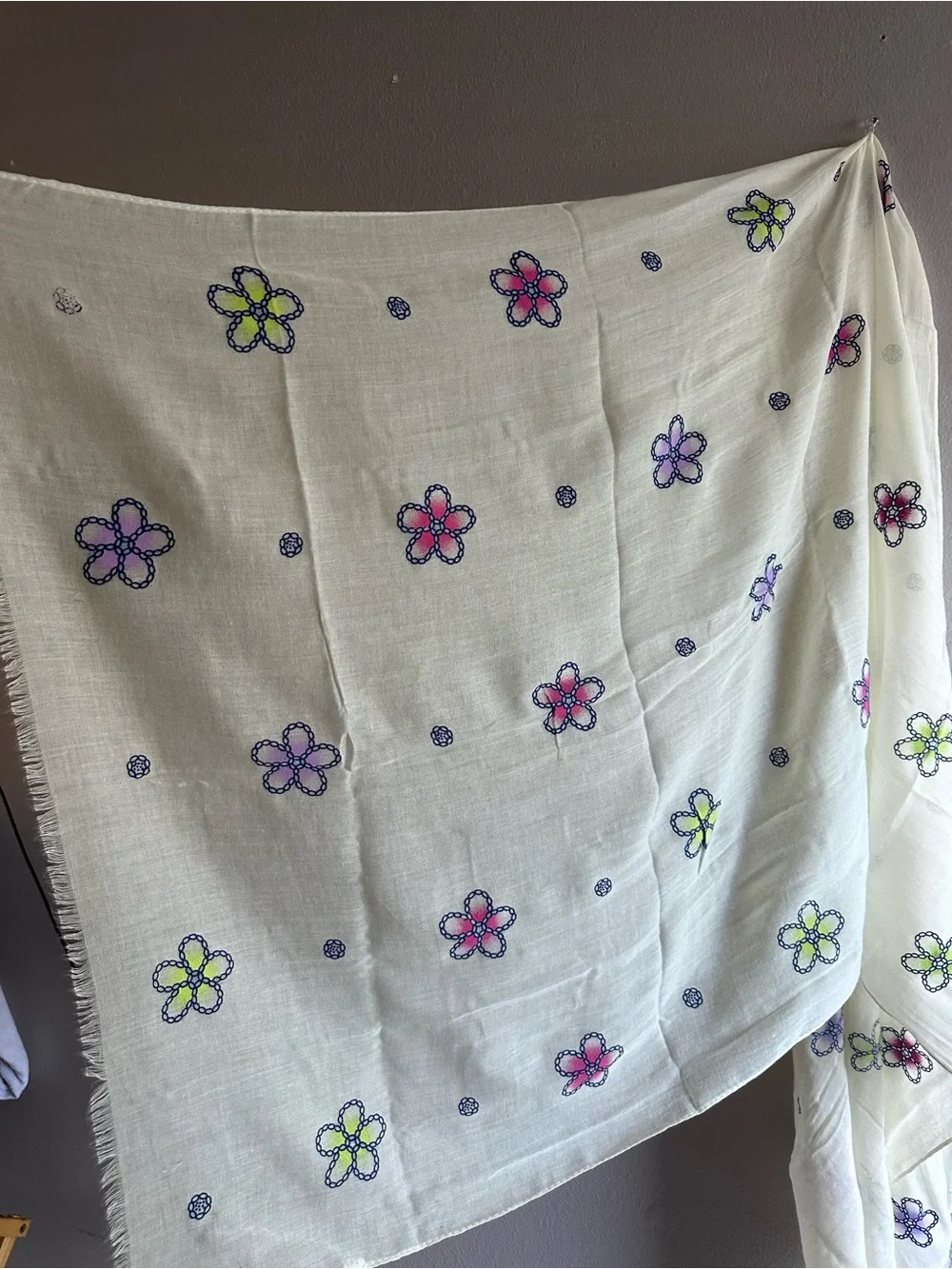 Lightweight Floral Embroidered Scarf - White with Pink & Green Flowers